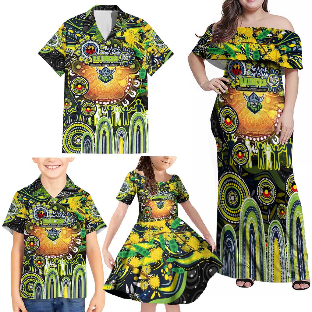 Personalised NAIDOC Week 2025 Raiders Rugby Family Matching Off Shoulder Maxi Dress and Hawaiian Shirt Aboriginal Dot Painting