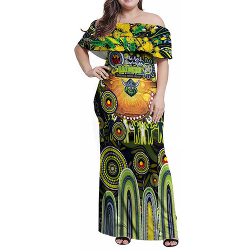 Personalised NAIDOC Week 2025 Raiders Rugby Family Matching Off Shoulder Maxi Dress and Hawaiian Shirt Aboriginal Dot Painting