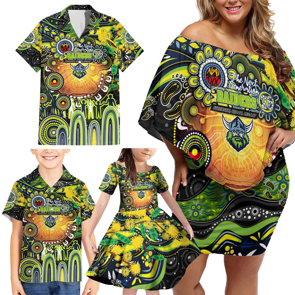 Personalised NAIDOC Week 2025 Raiders Rugby Family Matching Off Shoulder Short Dress and Hawaiian Shirt Aboriginal Dot Painting