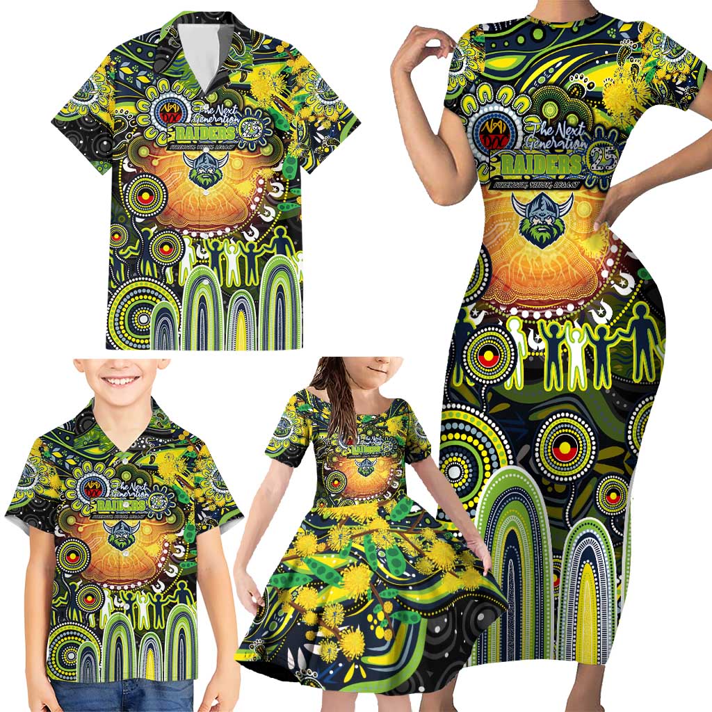 Personalised NAIDOC Week 2025 Raiders Rugby Family Matching Short Sleeve Bodycon Dress and Hawaiian Shirt Aboriginal Dot Painting