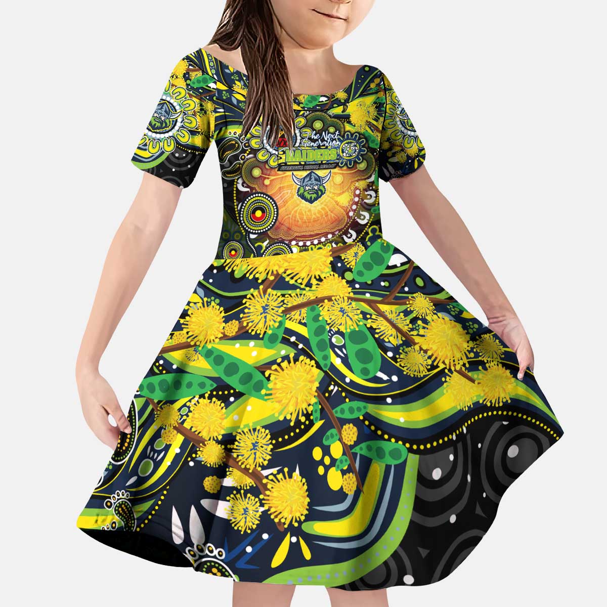 Personalised NAIDOC Week 2025 Raiders Rugby Kid Short Sleeve Dress Aboriginal Dot Painting