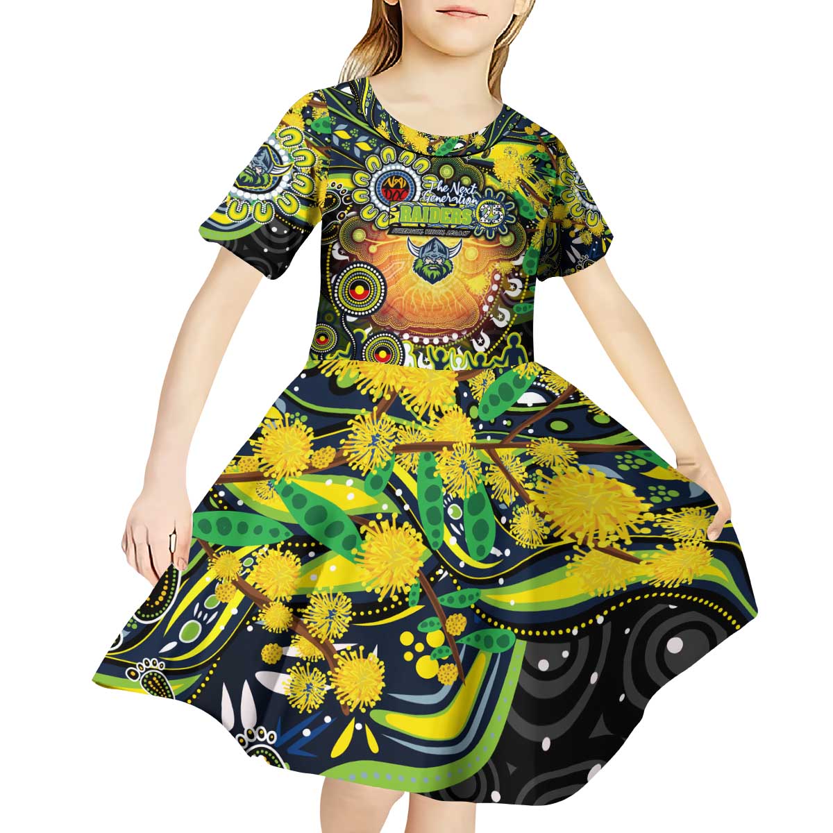 Personalised NAIDOC Week 2025 Raiders Rugby Kid Short Sleeve Dress Aboriginal Dot Painting