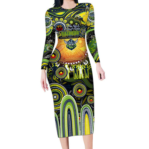 Personalised NAIDOC Week 2025 Raiders Rugby Long Sleeve Bodycon Dress Aboriginal Dot Painting