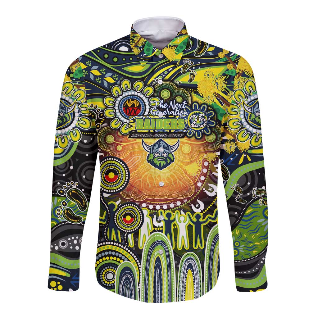 Personalised NAIDOC Week 2025 Raiders Rugby Long Sleeve Button Shirt Aboriginal Dot Painting