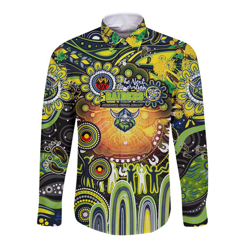 Personalised NAIDOC Week 2025 Raiders Rugby Long Sleeve Button Shirt Aboriginal Dot Painting