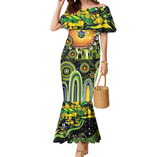 Personalised NAIDOC Week 2025 Raiders Rugby Mermaid Dress Aboriginal Dot Painting
