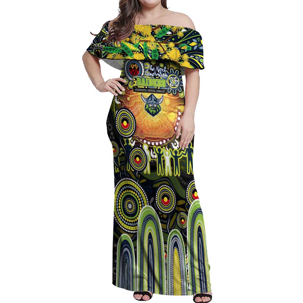 Personalised NAIDOC Week 2025 Raiders Rugby Off Shoulder Maxi Dress Aboriginal Dot Painting
