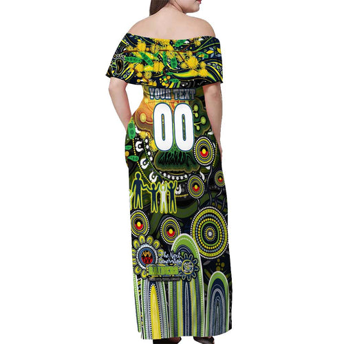 Personalised NAIDOC Week 2025 Raiders Rugby Off Shoulder Maxi Dress Aboriginal Dot Painting