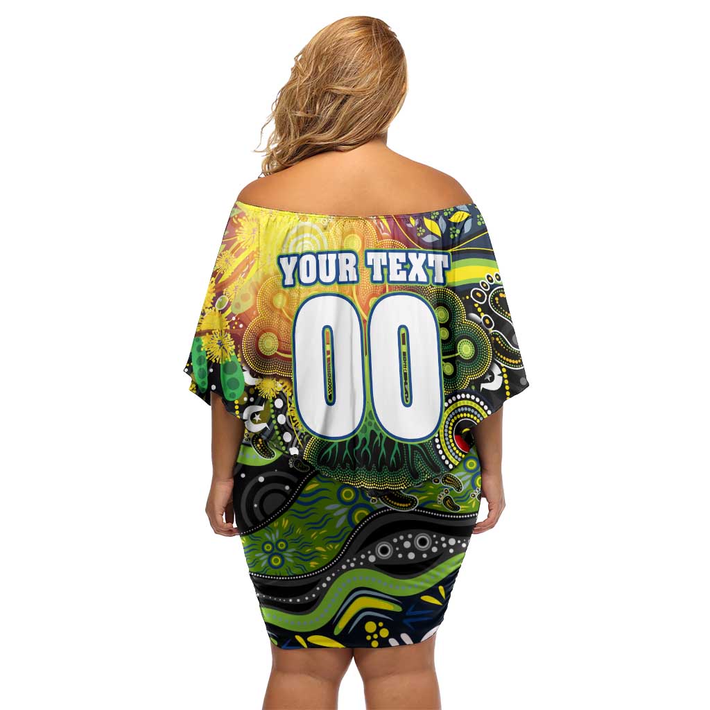 Personalised NAIDOC Week 2025 Raiders Rugby Off Shoulder Short Dress Aboriginal Dot Painting