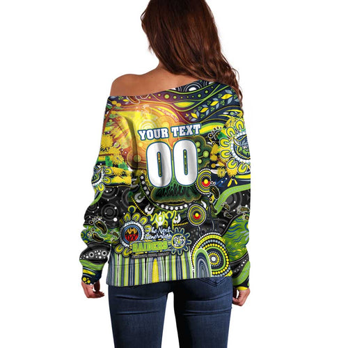 Personalised NAIDOC Week 2025 Raiders Rugby Off Shoulder Sweater Aboriginal Dot Painting