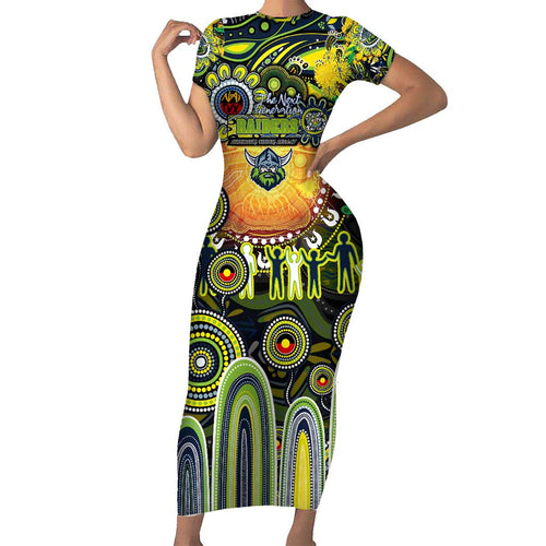 Personalised NAIDOC Week 2025 Raiders Rugby Short Sleeve Bodycon Dress Aboriginal Dot Painting
