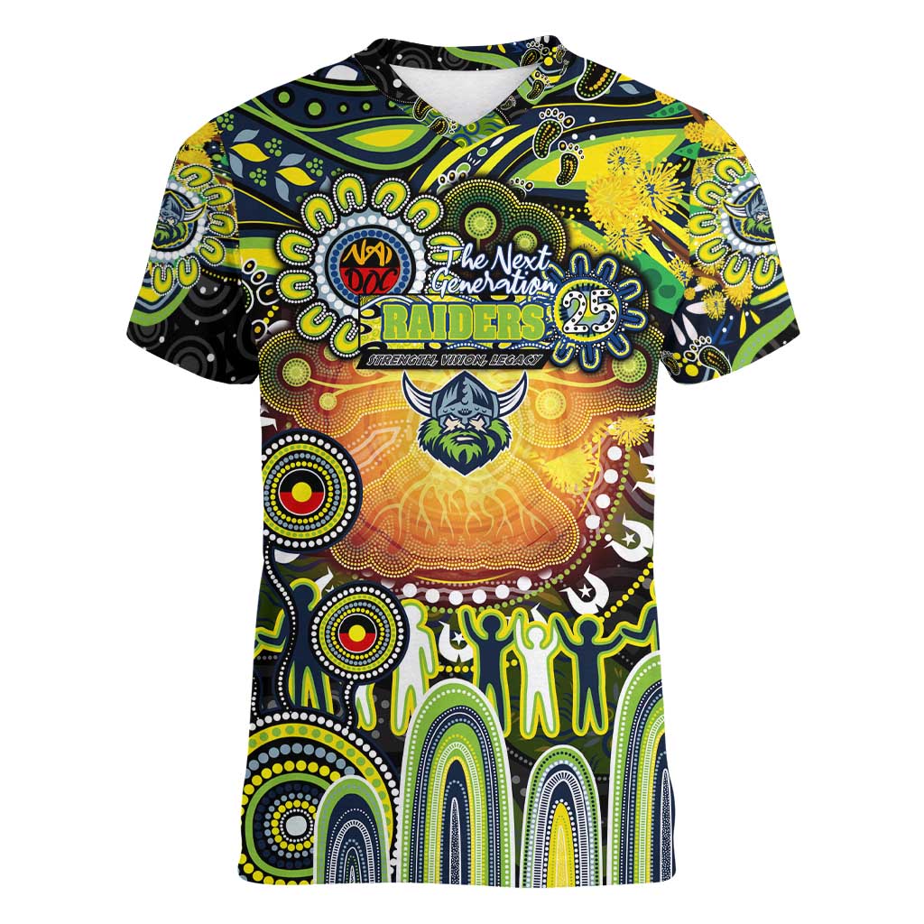 Personalised NAIDOC Week 2025 Raiders Rugby Women V-Neck T-Shirt Aboriginal Dot Painting
