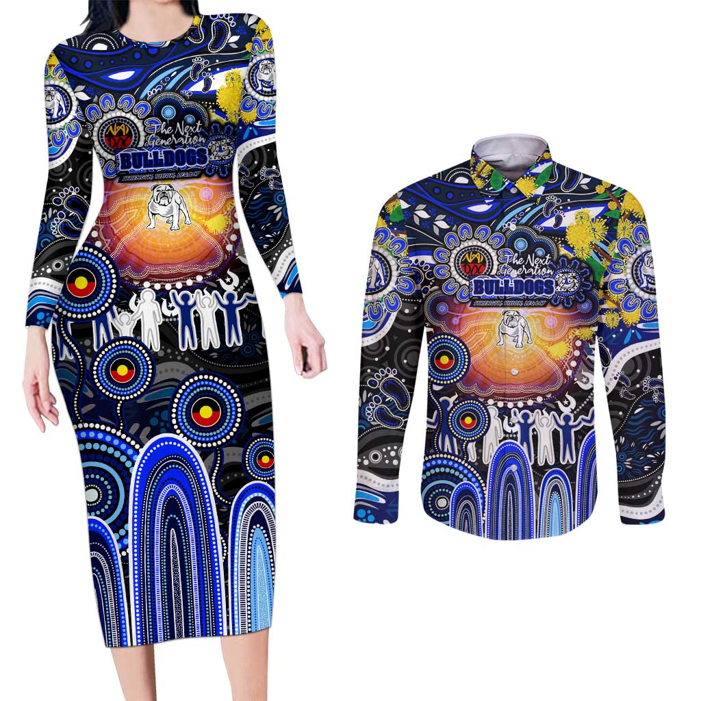 Personalised NAIDOC Week 2025 Bulldogs Rugby Couples Matching Long Sleeve Bodycon Dress and Long Sleeve Button Shirt Aboriginal Dot Painting