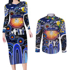 Personalised NAIDOC Week 2025 Bulldogs Rugby Couples Matching Long Sleeve Bodycon Dress and Long Sleeve Button Shirt Aboriginal Dot Painting