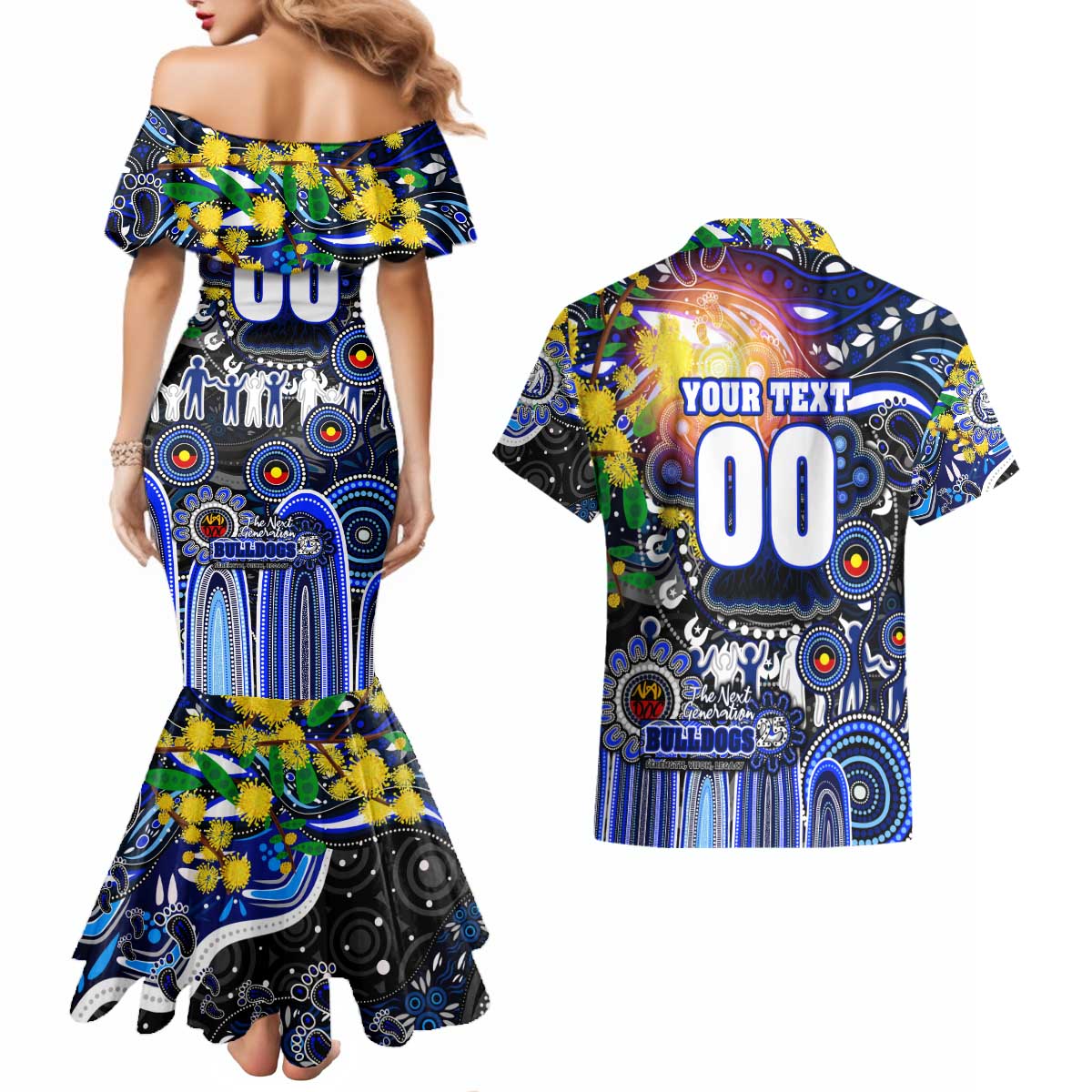 Personalised NAIDOC Week 2025 Bulldogs Rugby Couples Matching Mermaid Dress and Hawaiian Shirt Aboriginal Dot Painting