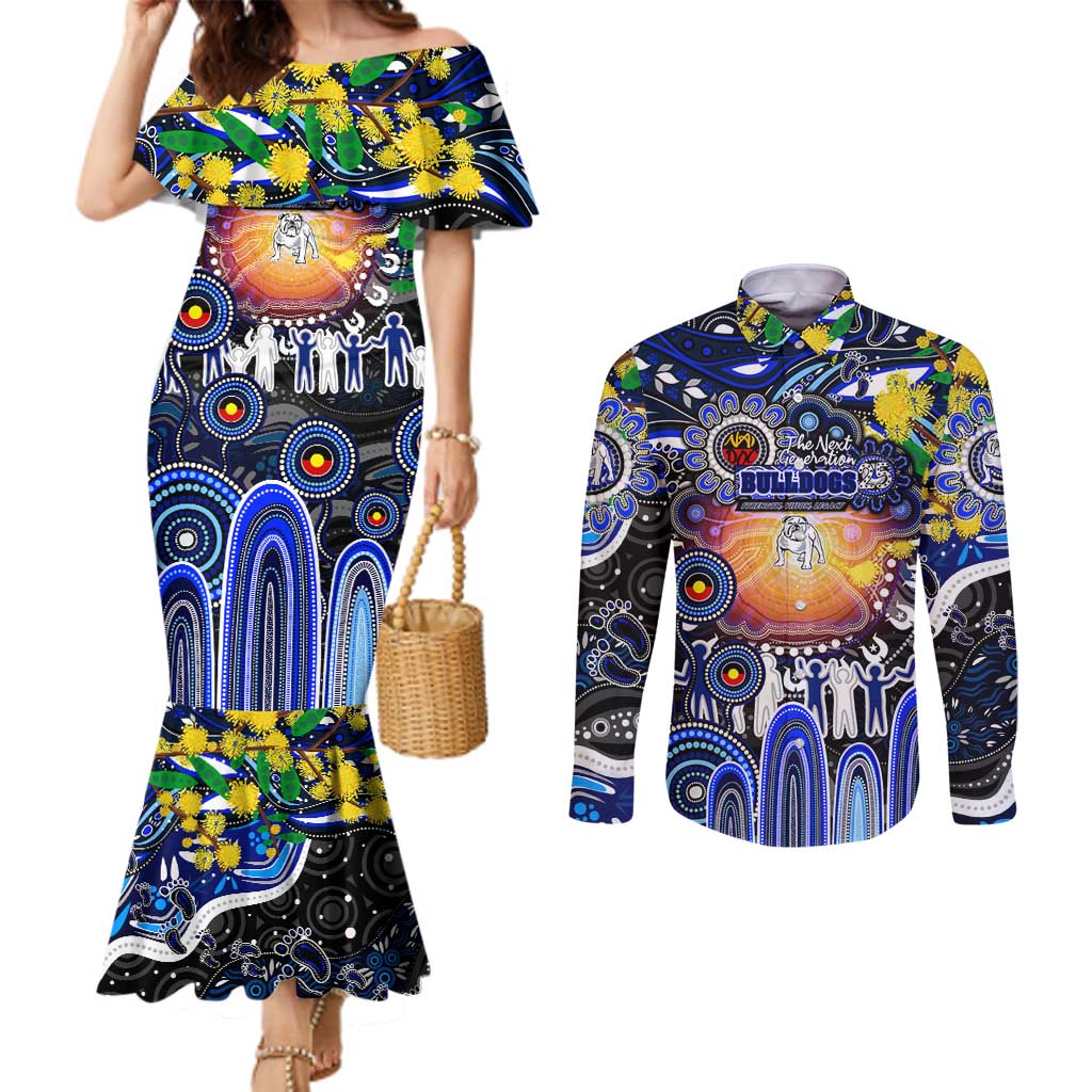 Personalised NAIDOC Week 2025 Bulldogs Rugby Couples Matching Mermaid Dress and Long Sleeve Button Shirt Aboriginal Dot Painting