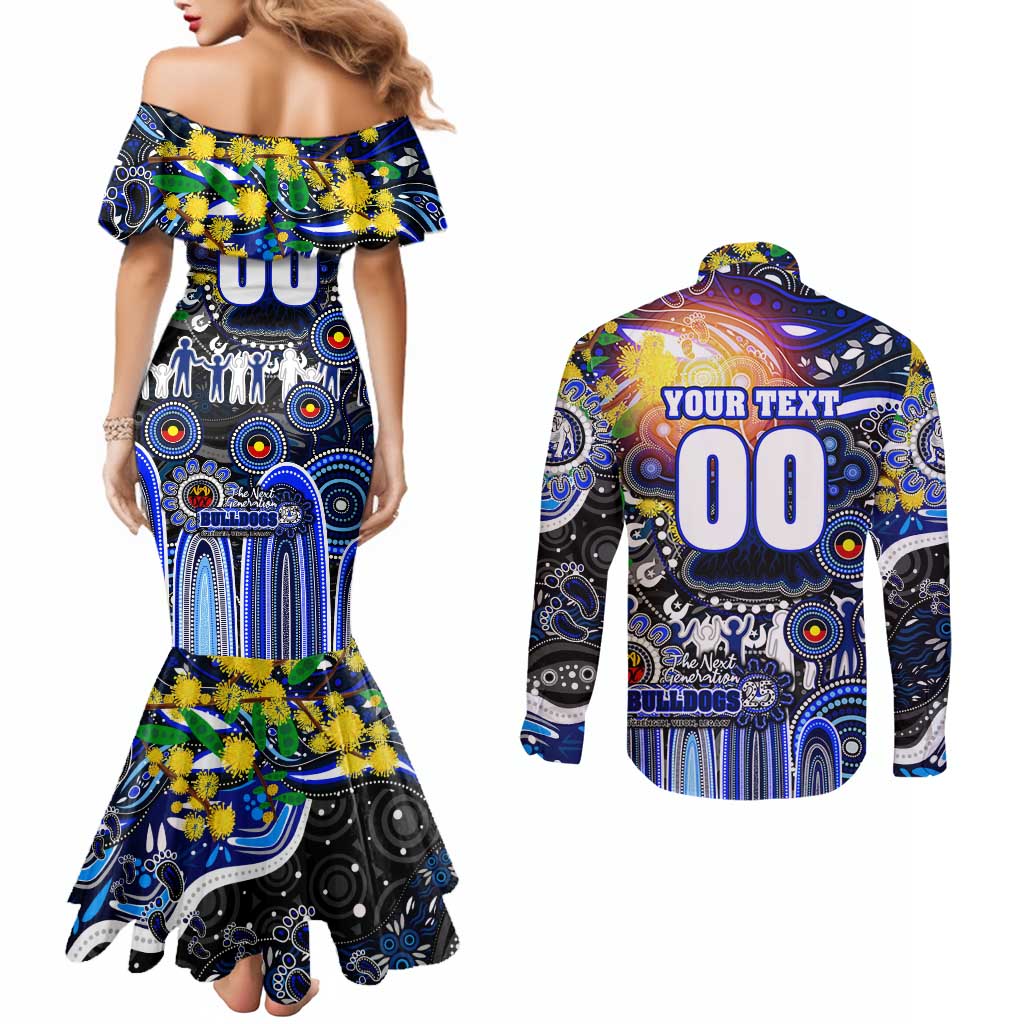 Personalised NAIDOC Week 2025 Bulldogs Rugby Couples Matching Mermaid Dress and Long Sleeve Button Shirt Aboriginal Dot Painting