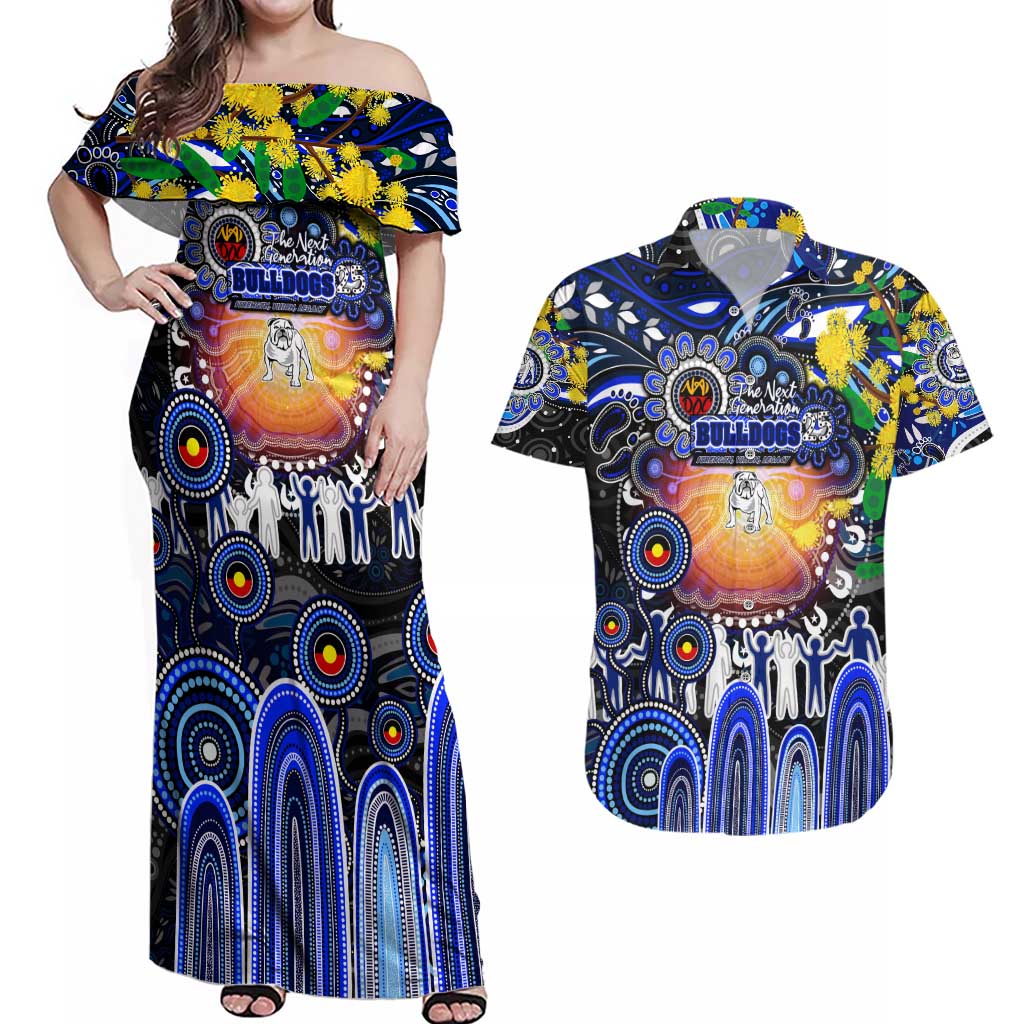 Personalised NAIDOC Week 2025 Bulldogs Rugby Couples Matching Off Shoulder Maxi Dress and Hawaiian Shirt Aboriginal Dot Painting
