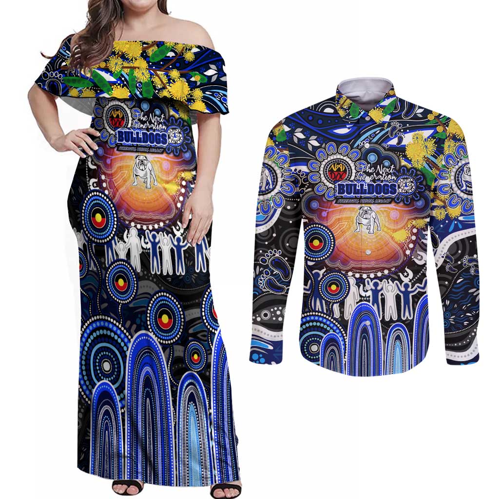 Personalised NAIDOC Week 2025 Bulldogs Rugby Couples Matching Off Shoulder Maxi Dress and Long Sleeve Button Shirt Aboriginal Dot Painting