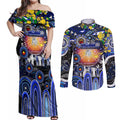 Personalised NAIDOC Week 2025 Bulldogs Rugby Couples Matching Off Shoulder Maxi Dress and Long Sleeve Button Shirt Aboriginal Dot Painting