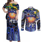 Personalised NAIDOC Week 2025 Bulldogs Rugby Couples Matching Off Shoulder Maxi Dress and Long Sleeve Button Shirt Aboriginal Dot Painting