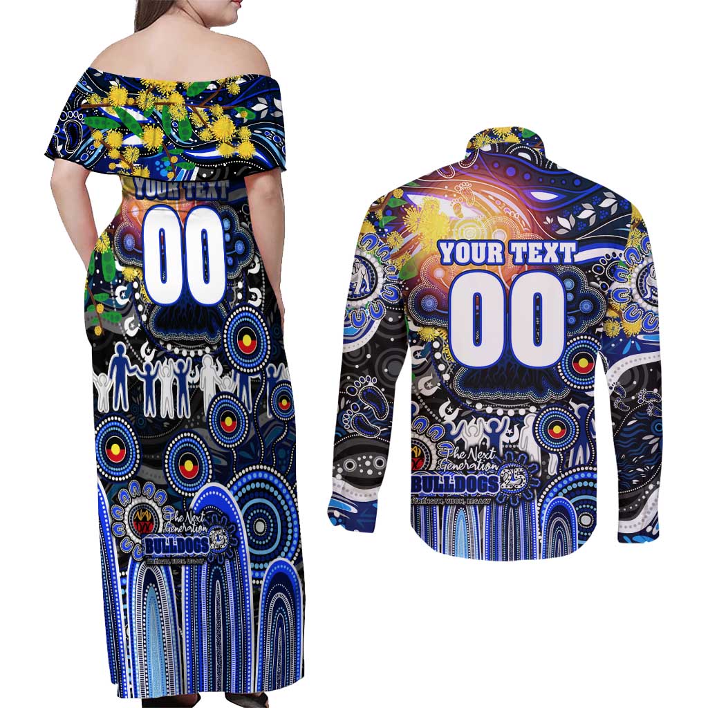 Personalised NAIDOC Week 2025 Bulldogs Rugby Couples Matching Off Shoulder Maxi Dress and Long Sleeve Button Shirt Aboriginal Dot Painting