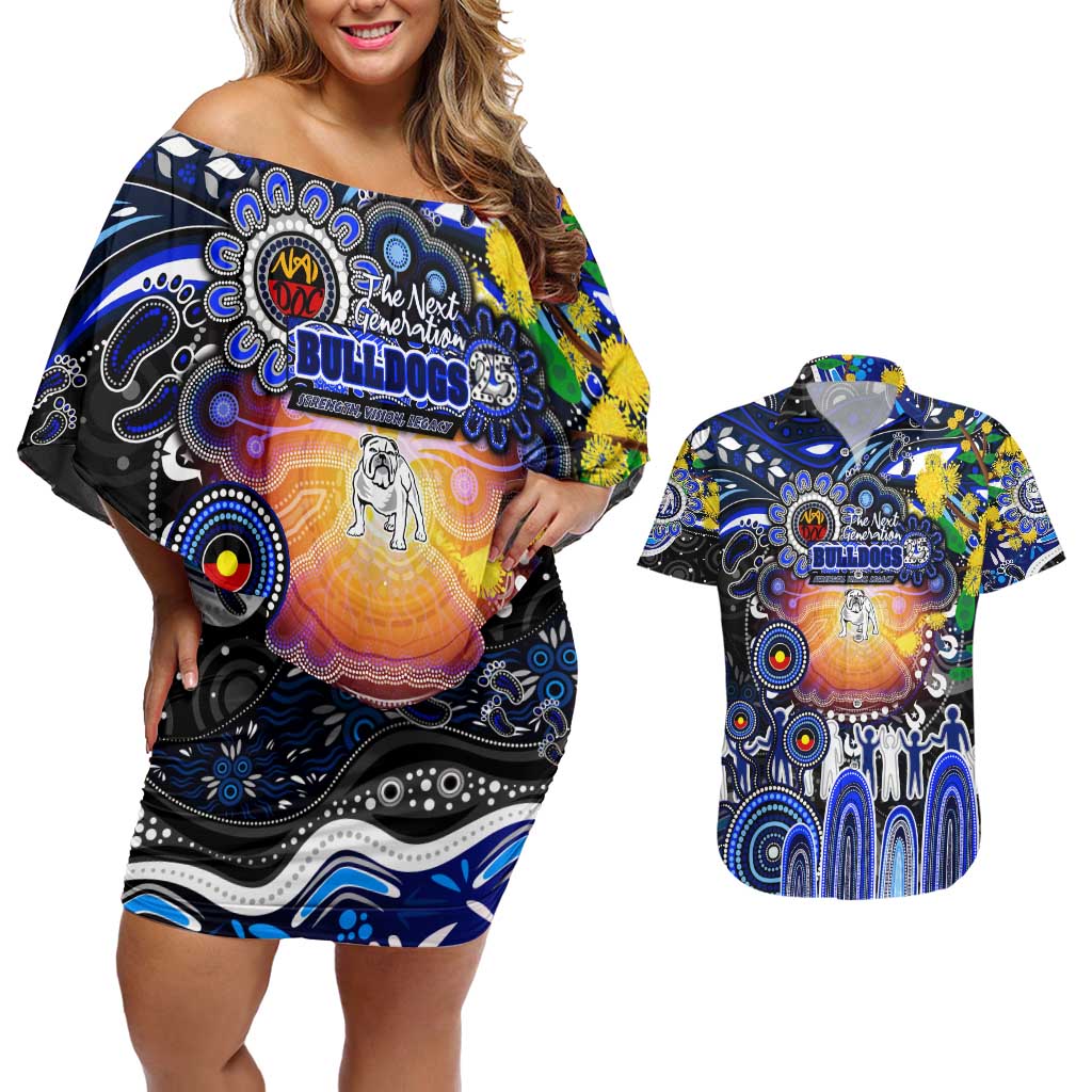 Personalised NAIDOC Week 2025 Bulldogs Rugby Couples Matching Off Shoulder Short Dress and Hawaiian Shirt Aboriginal Dot Painting