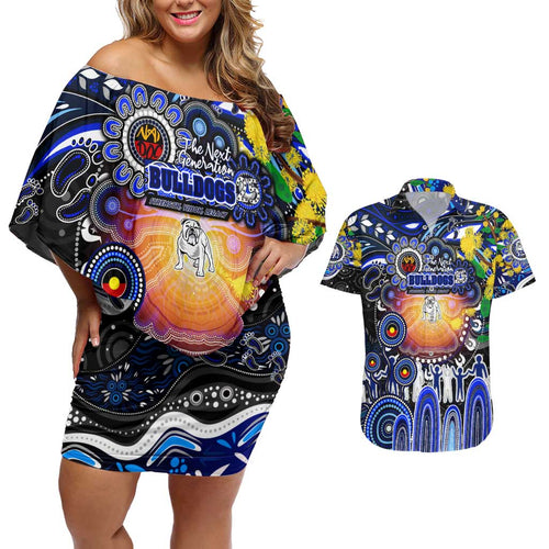 Personalised NAIDOC Week 2025 Bulldogs Rugby Couples Matching Off Shoulder Short Dress and Hawaiian Shirt Aboriginal Dot Painting