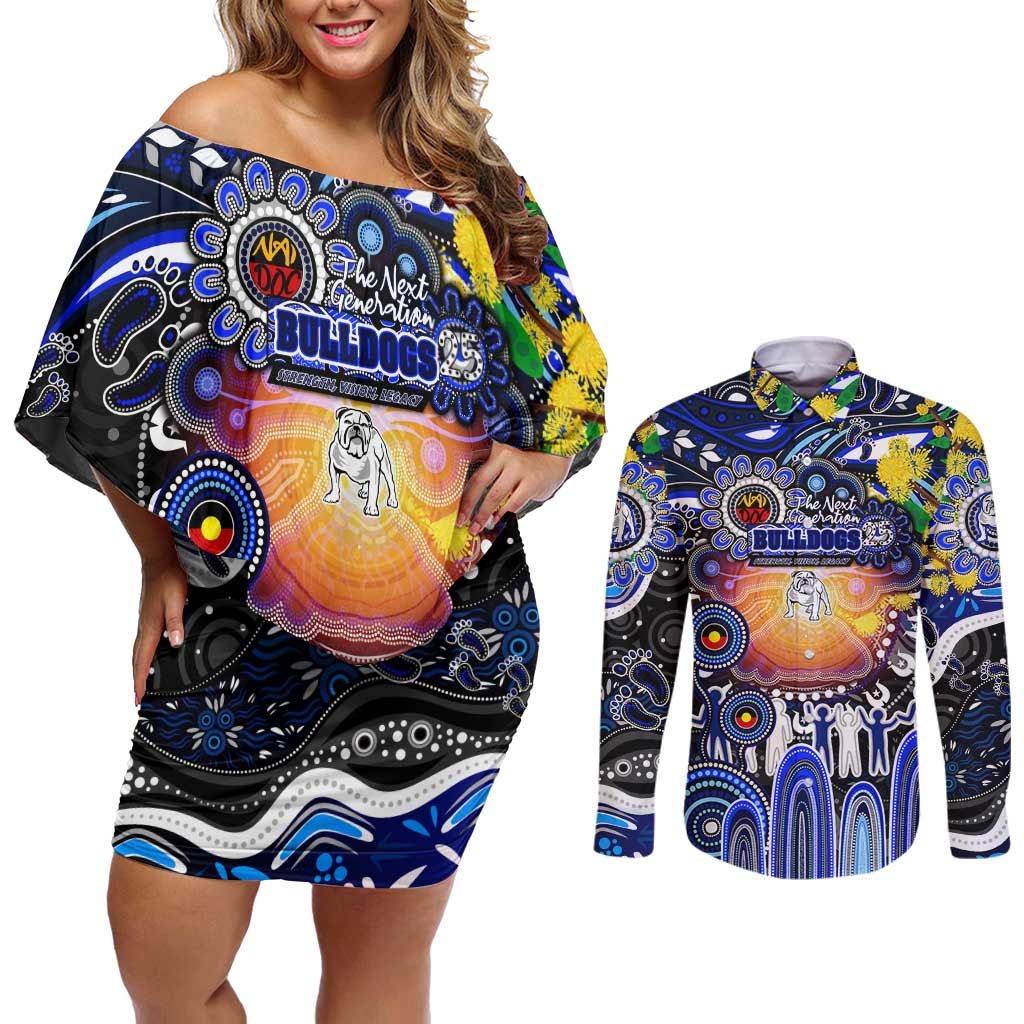 Personalised NAIDOC Week 2025 Bulldogs Rugby Couples Matching Off Shoulder Short Dress and Long Sleeve Button Shirt Aboriginal Dot Painting