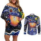 Personalised NAIDOC Week 2025 Bulldogs Rugby Couples Matching Off Shoulder Short Dress and Long Sleeve Button Shirt Aboriginal Dot Painting