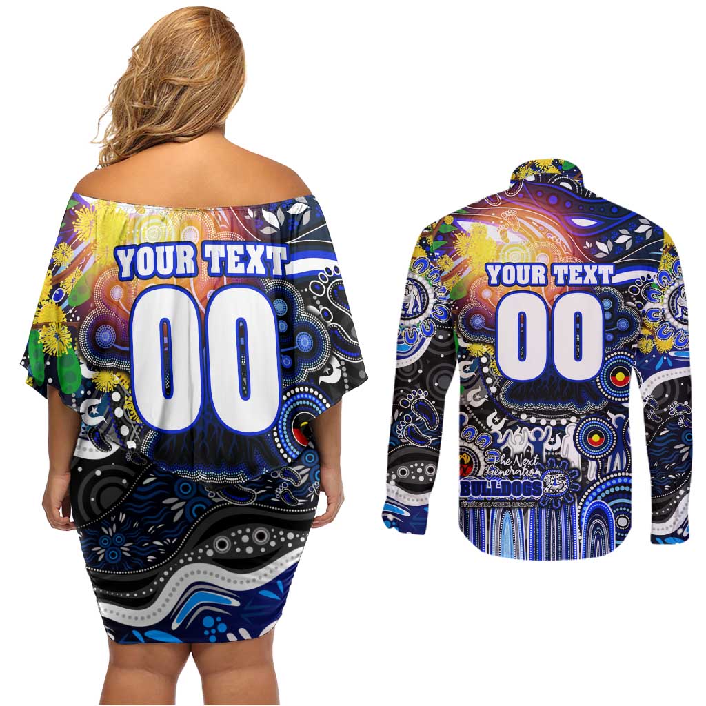 Personalised NAIDOC Week 2025 Bulldogs Rugby Couples Matching Off Shoulder Short Dress and Long Sleeve Button Shirt Aboriginal Dot Painting