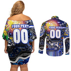 Personalised NAIDOC Week 2025 Bulldogs Rugby Couples Matching Off Shoulder Short Dress and Long Sleeve Button Shirt Aboriginal Dot Painting