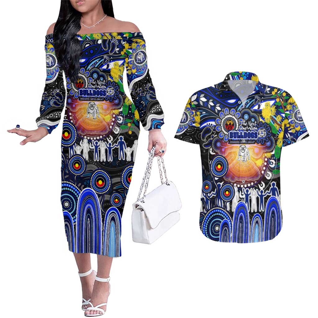 Personalised NAIDOC Week 2025 Bulldogs Rugby Couples Matching Off The Shoulder Long Sleeve Dress and Hawaiian Shirt Aboriginal Dot Painting