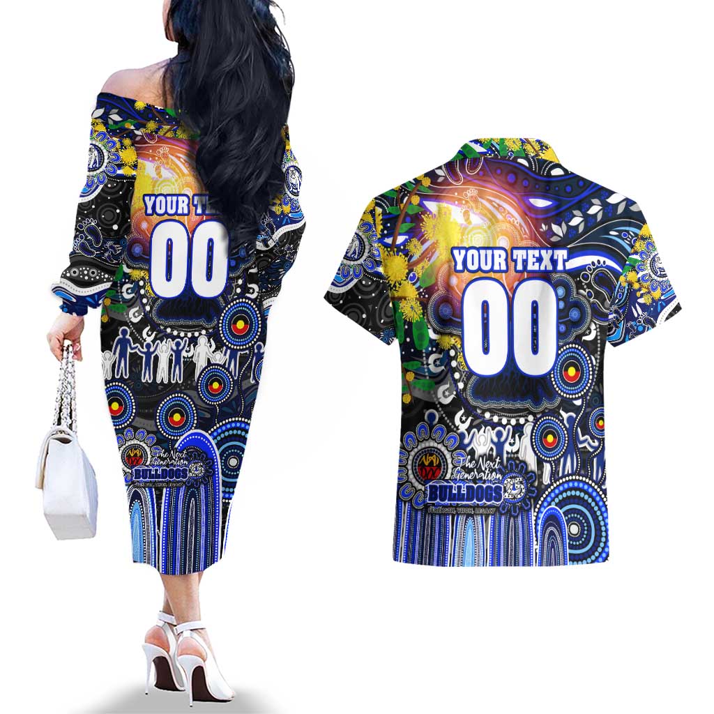 Personalised NAIDOC Week 2025 Bulldogs Rugby Couples Matching Off The Shoulder Long Sleeve Dress and Hawaiian Shirt Aboriginal Dot Painting
