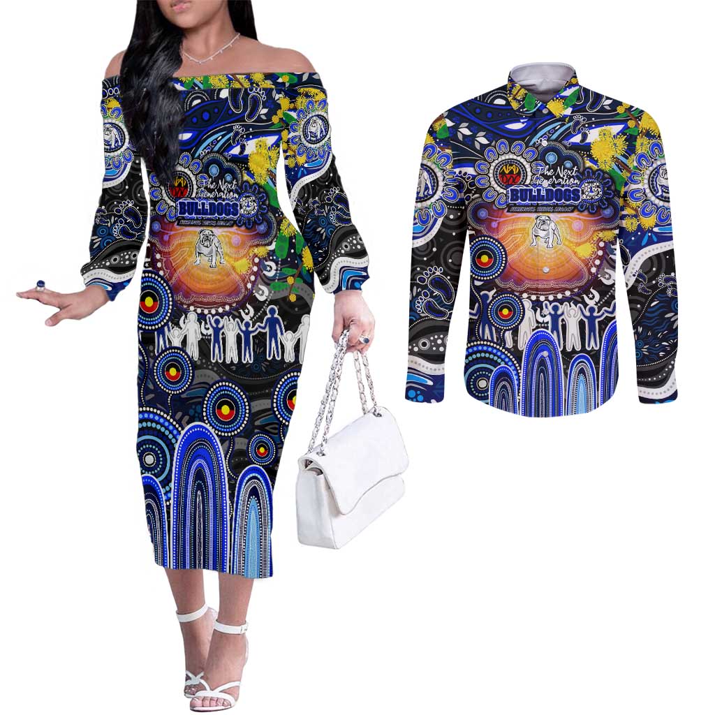 Personalised NAIDOC Week 2025 Bulldogs Rugby Couples Matching Off The Shoulder Long Sleeve Dress and Long Sleeve Button Shirt Aboriginal Dot Painting