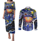 Personalised NAIDOC Week 2025 Bulldogs Rugby Couples Matching Puletasi and Long Sleeve Button Shirt Aboriginal Dot Painting