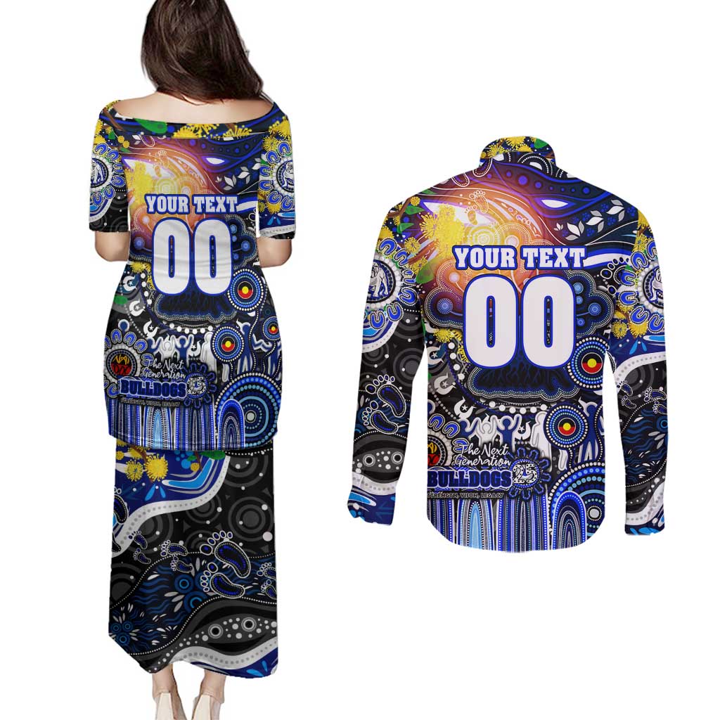 Personalised NAIDOC Week 2025 Bulldogs Rugby Couples Matching Puletasi and Long Sleeve Button Shirt Aboriginal Dot Painting