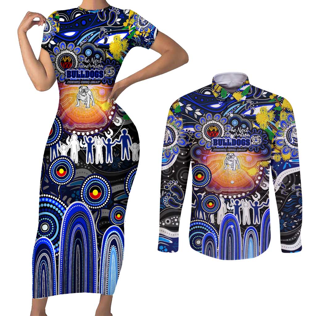 Personalised NAIDOC Week 2025 Bulldogs Rugby Couples Matching Short Sleeve Bodycon Dress and Long Sleeve Button Shirt Aboriginal Dot Painting