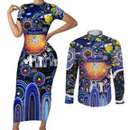 Personalised NAIDOC Week 2025 Bulldogs Rugby Couples Matching Short Sleeve Bodycon Dress and Long Sleeve Button Shirt Aboriginal Dot Painting