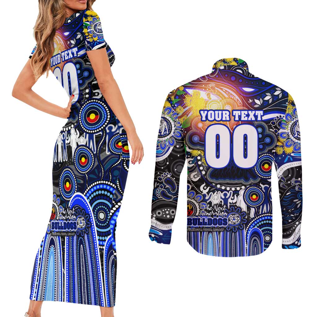 Personalised NAIDOC Week 2025 Bulldogs Rugby Couples Matching Short Sleeve Bodycon Dress and Long Sleeve Button Shirt Aboriginal Dot Painting