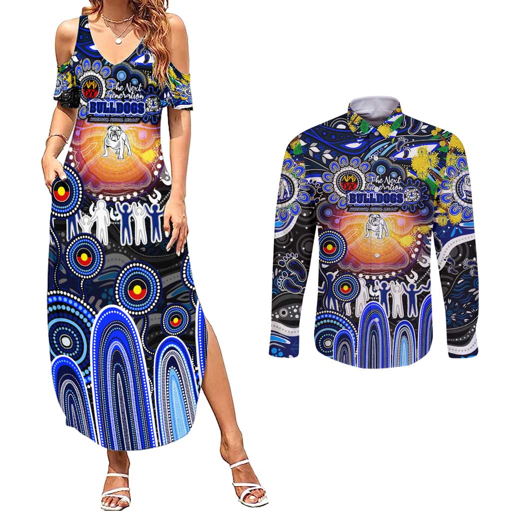 Personalised NAIDOC Week 2025 Bulldogs Rugby Couples Matching Summer Maxi Dress and Long Sleeve Button Shirt Aboriginal Dot Painting