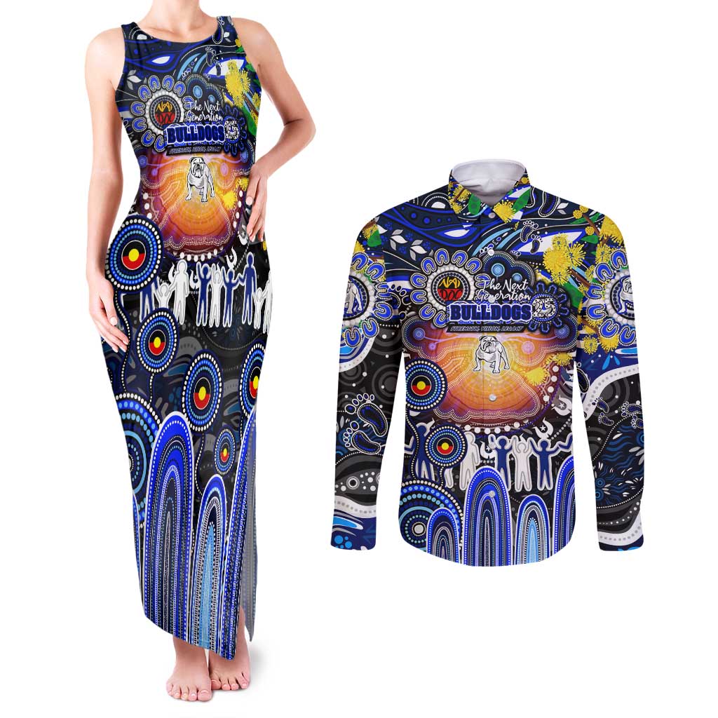 Personalised NAIDOC Week 2025 Bulldogs Rugby Couples Matching Tank Maxi Dress and Long Sleeve Button Shirt Aboriginal Dot Painting