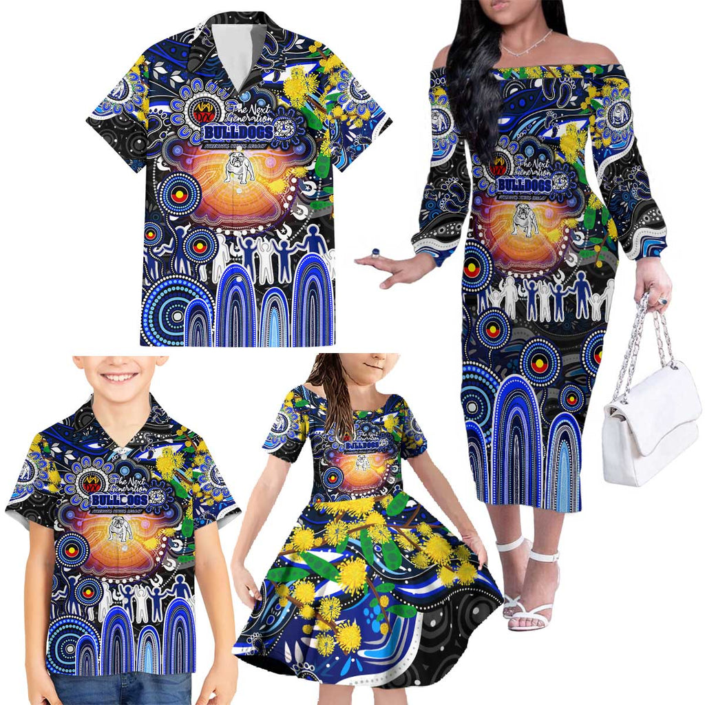 Personalised NAIDOC Week 2025 Bulldogs Rugby Family Matching Off The Shoulder Long Sleeve Dress and Hawaiian Shirt Aboriginal Dot Painting