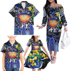Personalised NAIDOC Week 2025 Bulldogs Rugby Family Matching Off The Shoulder Long Sleeve Dress and Hawaiian Shirt Aboriginal Dot Painting