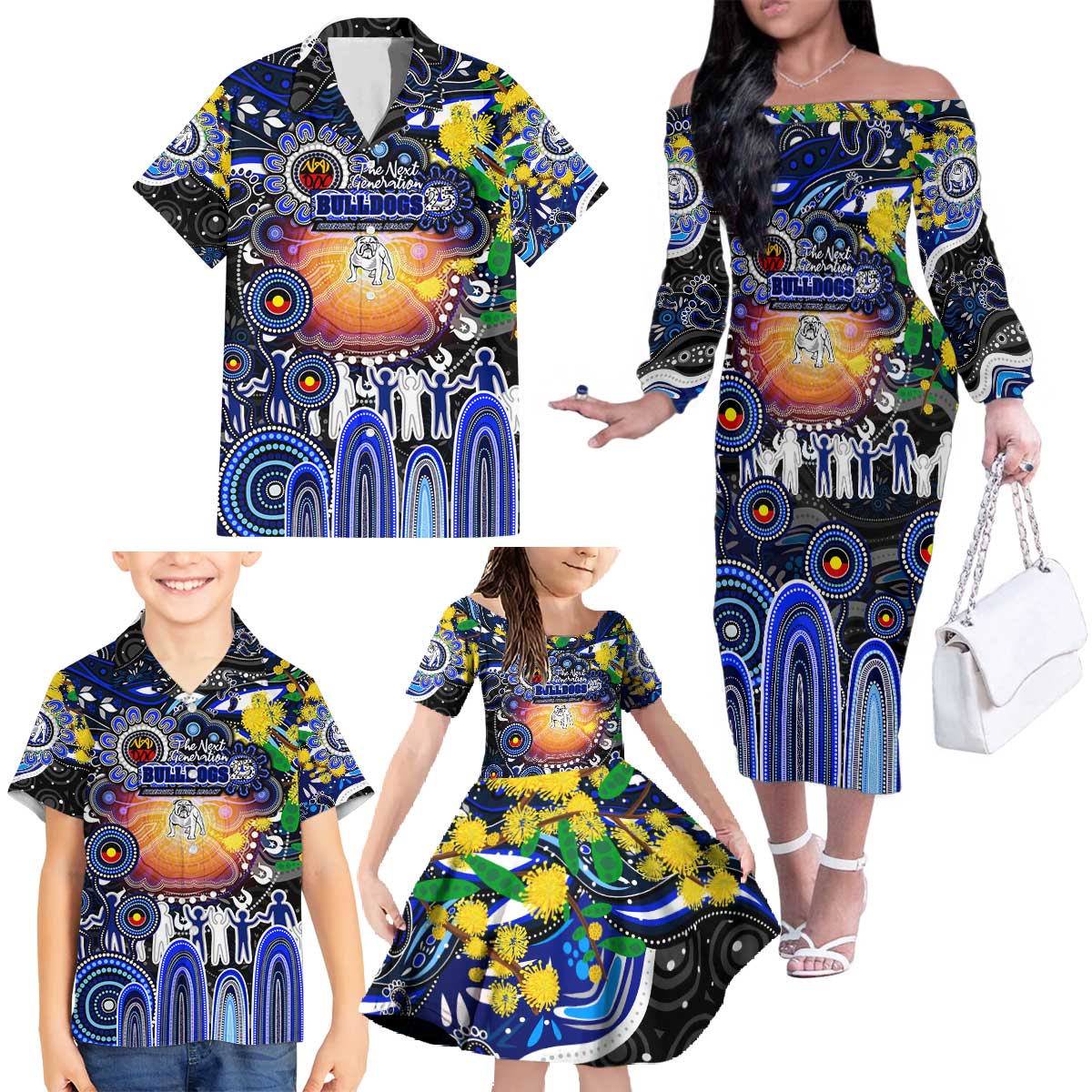 Personalised NAIDOC Week 2025 Bulldogs Rugby Family Matching Off The Shoulder Long Sleeve Dress and Hawaiian Shirt Aboriginal Dot Painting