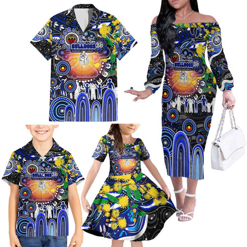 Personalised NAIDOC Week 2025 Bulldogs Rugby Family Matching Off The Shoulder Long Sleeve Dress and Hawaiian Shirt Aboriginal Dot Painting