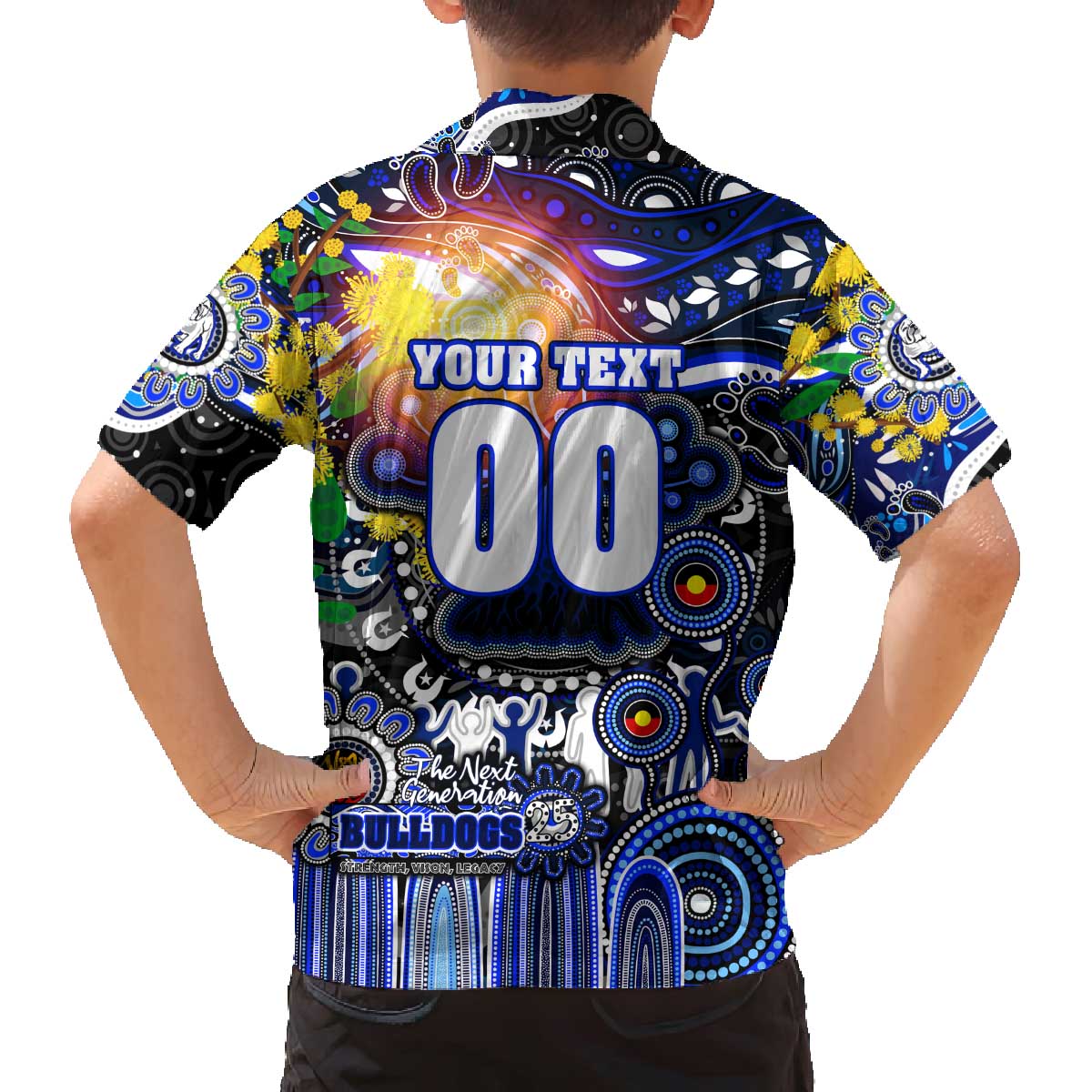 Personalised NAIDOC Week 2025 Bulldogs Rugby Family Matching Off The Shoulder Long Sleeve Dress and Hawaiian Shirt Aboriginal Dot Painting