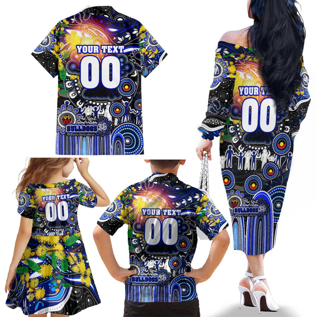 Personalised NAIDOC Week 2025 Bulldogs Rugby Family Matching Off The Shoulder Long Sleeve Dress and Hawaiian Shirt Aboriginal Dot Painting