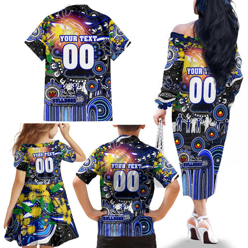 Personalised NAIDOC Week 2025 Bulldogs Rugby Family Matching Off The Shoulder Long Sleeve Dress and Hawaiian Shirt Aboriginal Dot Painting