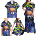 Personalised NAIDOC Week 2025 Bulldogs Rugby Family Matching Off Shoulder Maxi Dress and Hawaiian Shirt Aboriginal Dot Painting